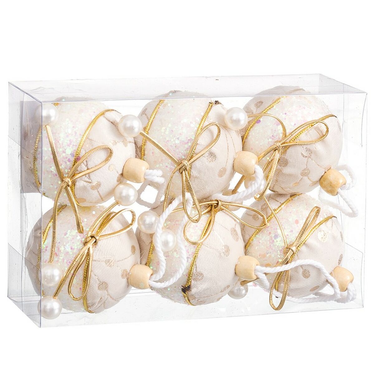 Bolas de Navidad Blanco Dorado Polyfoam Tejido Lazo 6 x 6 x 6 cm (6 Unidades) - Imagen 2