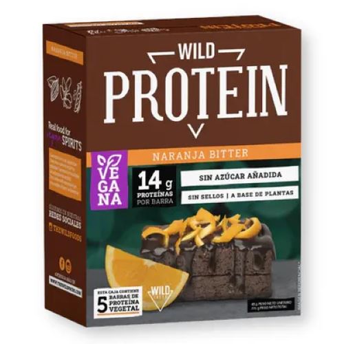 Caja 5 Barras de Proteinas Vegetal Sin Azúcar Añadida Sabor Chocolate Naranja 225 gr marca Wild Pro