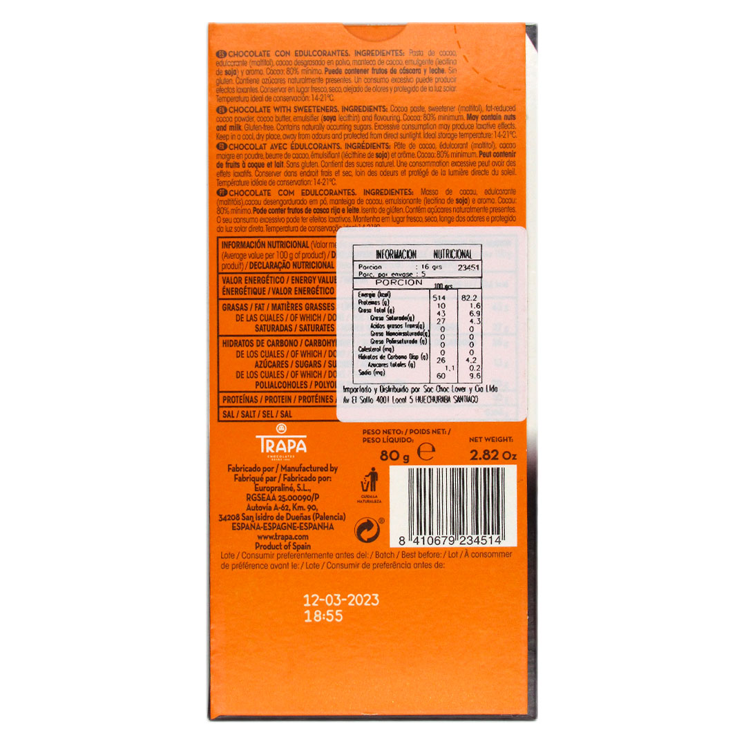 Barra de Chocolate 80% Cacao Noir Sin Gluten Vegano Sin Azúcar 80 gr Marca Trapa - Imagen 2