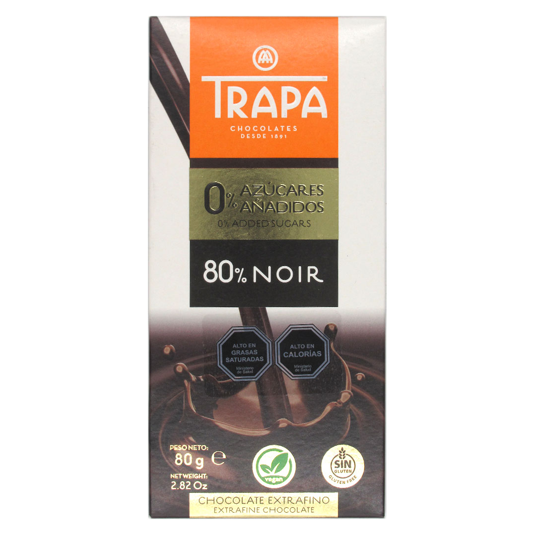 Barra de Chocolate 80% Cacao Noir Sin Gluten Vegano Sin Azúcar 80 gr Marca Trapa