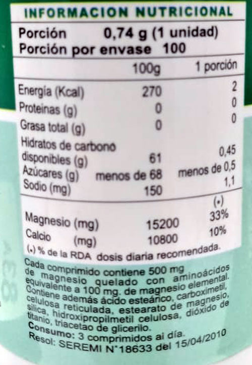Magnesio Quelado 500 mg con Aminoácidos 100 comprimidos marca FDC - Imagen 2